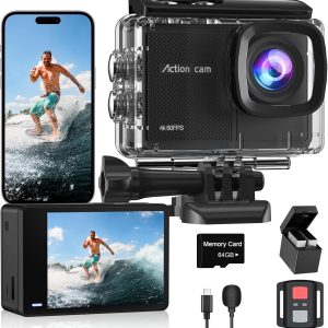 4K60FPS Waterproof Action Camera, 131ft Waterproof Camera Underwater with 64GB Card, 48MP Motorcycle Camera with 8X Zoom, EIS Helmet Camera, Sports Camera with Remote Control,2 * 1350mAh Batteries
