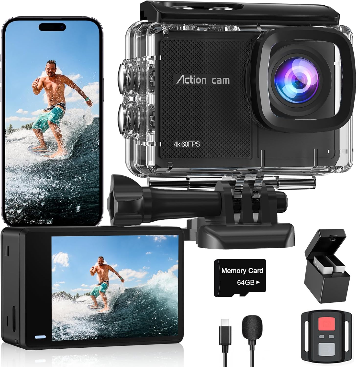 4K60FPS Waterproof Action Camera, 131ft Waterproof Camera Underwater with 64GB Card, 48MP Motorcycle Camera with 8X Zoom, EIS Helmet Camera, Sports Camera with Remote Control,2 * 1350mAh Batteries