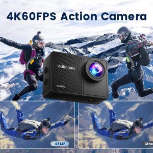 4K60FPS Waterproof Action Camera, 131ft Waterproof Camera Underwater with 64GB Card, 48MP Motorcycle Camera with 8X Zoom, EIS Helmet Camera, Sports Camera with Remote Control,2 * 1350mAh Batteries