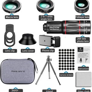 Phone Camera Lens Kit Upgraded Version Telephoto 28X Wide Angle 0.6X Macro 20X Fisheye 198° for Most Smartphones (Black)